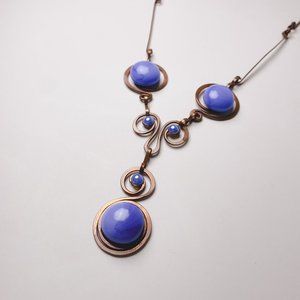 Handmade Artisan Brass Scroll Spiral Wire Blue Glass Cabochon Statement Necklace